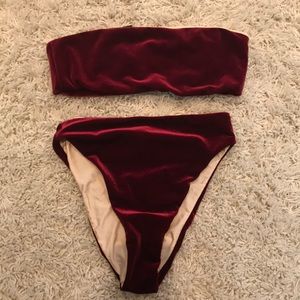 Maroon High Waisted Strapless Red Velvet Bikini